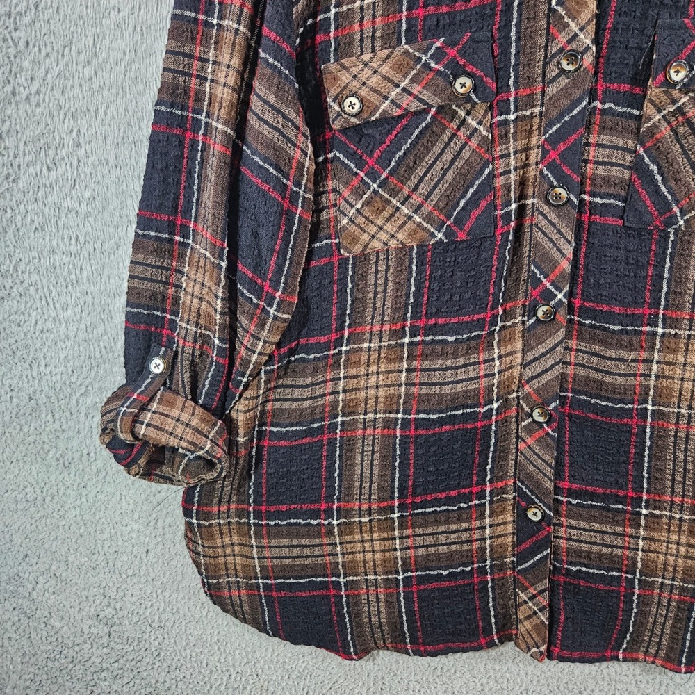 John Mark Womens XL Plaid Floral Mixed Media Button Down Shirt Textured Top Brwn - Picture 3 of 11